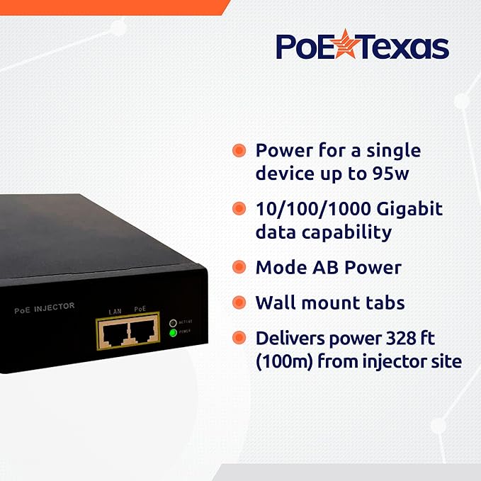 Poe Texas PoE Injector - 802.3bt PoE++ Single Port Power Over Ethernet Injector - Active PoE Adapter with 55V 95W Output - 10/100/1000 Gigabit Data - Mode A/B Wall Mount Plug & Play