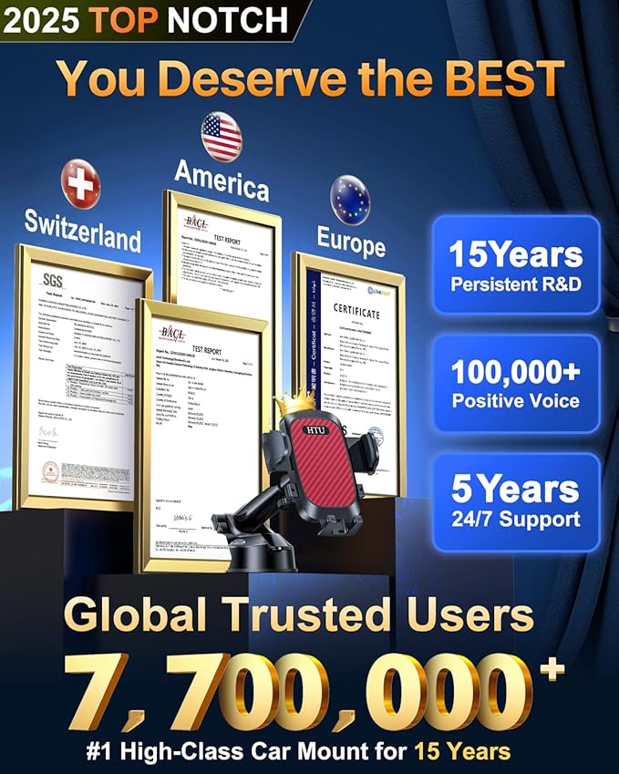 HTU 2025 Best Car Phone Holder 【Ultimate 5-in-1 & Upgraded 100+LBS Strongest Suction】【True Military-Grade & Safety Cert】 360° Windshield Dashboard Vent Mount Stand for iPhone Android & Truck, Red