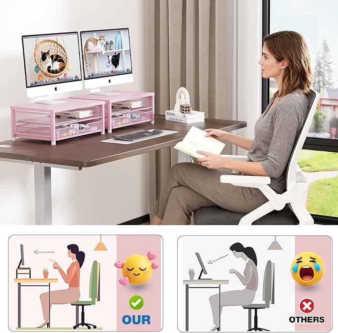 Desk Organizers and Accessories, 2-Tier Computer Monitor Stand Riser with Drawer, Laptop Stand, Office Desk Accessories, Workspace Desktop Organizer for Office Supplies, Pink