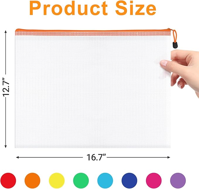 24pcs Mesh Zipper Pouch File Bags, Large Puzzle Storage Bags, A3 17x12 Inch Reusable Classroom Pouches for Organizing, 8 Colors