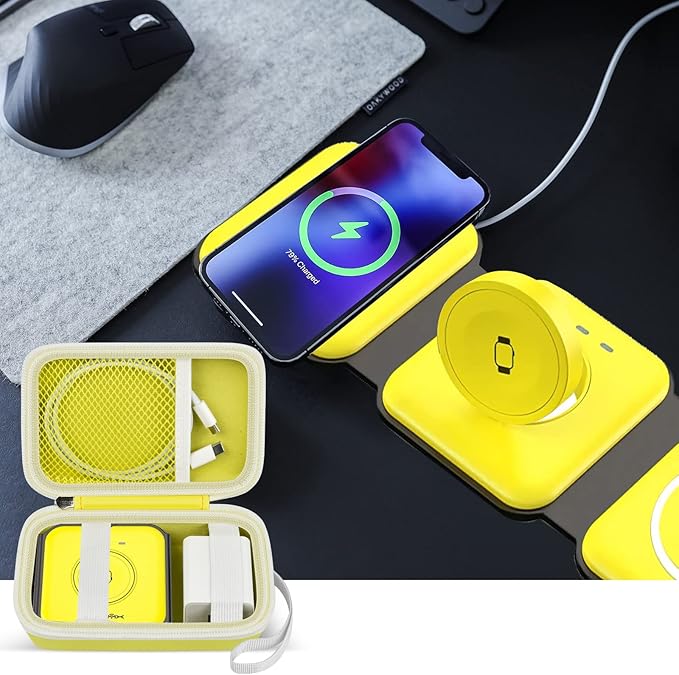 Travel Case for UCOMX for Nano/for Iseyyox/for LISEN/for RTOPS 3 in 1 Wireless Charger, Foldable Magnetic Charging Station Storage Holder Bag for Fast Charge Pad Cable and Adapter, Yellow-Box Only