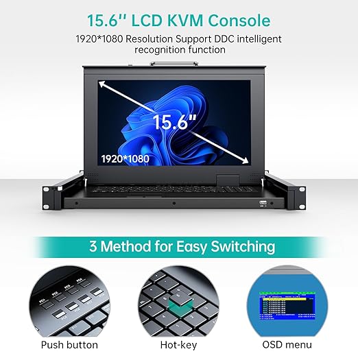 MT-VIKI Rack Mount KVM, 8 Port KVM VGA Switch w/15.6'' LCD Monitor, 1080P, Mount into 23.6-31.5'' deep Server Cabinet, Integrated Touchpad+Keyboard+8 KVM Cables