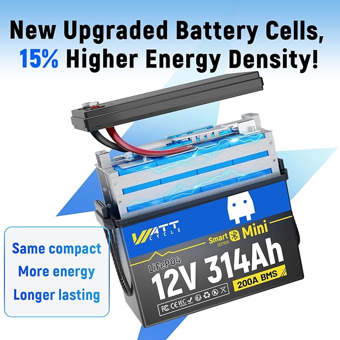 12V 314Ah Lithium LiFePO4 Battery Mini with Bluetooth 5.0 BMS 200A, 4.01kWh Energy, Upgraded Aluminum Cooling Fins & Braided Copper Wires, upporting devices over 2000W (3 PCAK)