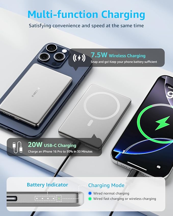 “Air” Power Bank for MagSafe 5000mAh, Ultra Slim Magnetic Wireless Portable Battery Charger Case with USB-C Cable, Compatible with iPhone 17/16/15/14/13/12 Series Only (Sliver)
