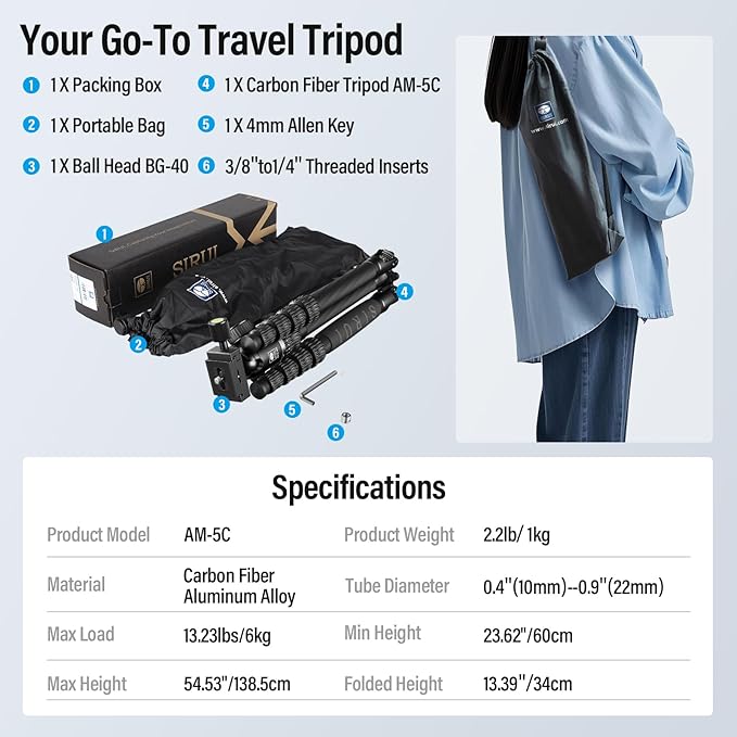 SIRUI Lightweight Carbon Fiber Travel Tripod, 6kg Load Capacity Compact Camera Support with Carry Bag, Portable for DSLR Mirrorless Cameras, Max Height 54" for Hiking Vacation Vlogging