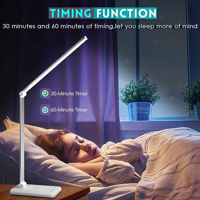 LED Desk Lamp with Wireless Charger, USB Charging Port, Desk Light with 10 Brightness, 5 Color Modes, Dimmable Eye Caring Reading Desk Lamps for Home Office, Touch Control, Auto Timer, White