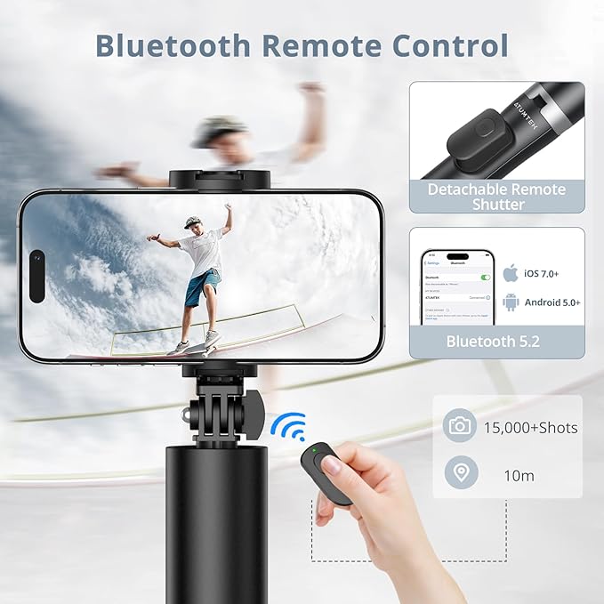 ATUMTEK 63"" Phone Tripod, Extendable Selfie Stick Tripod with Bluetooth Remote, All-in-One Aluminum Phone Tripod Stand with Cold Shoe Mount for 4”-7” iPhone and Android Smartphones Black, ATSS175