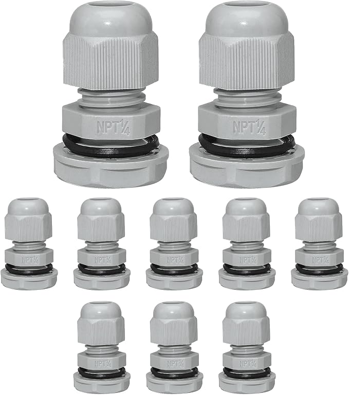 10 Pcs 1/4" NPT Nylon Cable Glands, IP68 Waterproof Adjustable Cord Grip Cable Connector Strain Relief Wire Protectors for 4-6mm Cable Diameter, Grey