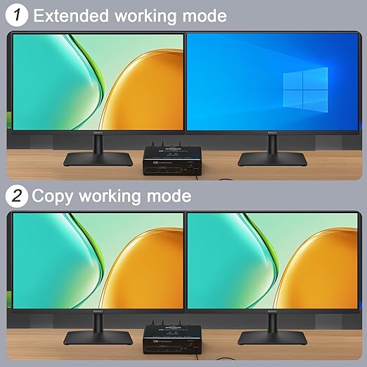 DEMEXBOOK HDMI KVM Switch 2 Monitors 2 Computers 8K@60Hz 4K@120Hz, with 4 USB 3.0 Ports for 2 Computers Sharing 2 Monitors, Extended/Copy Mode, with Power Adapter,Includes Remote & 2 USB Cables
