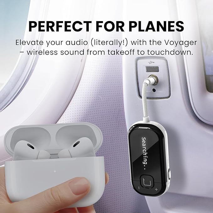 Avantree Voyager - Airplane Bluetooth Adapter for Headphones & AirPods, Bluetooth 5.4 with Latest Auracast & OLED Display, Qualcomm Chip, aptX Adaptive, Wireless Audio Transmitter for Travel & Flight