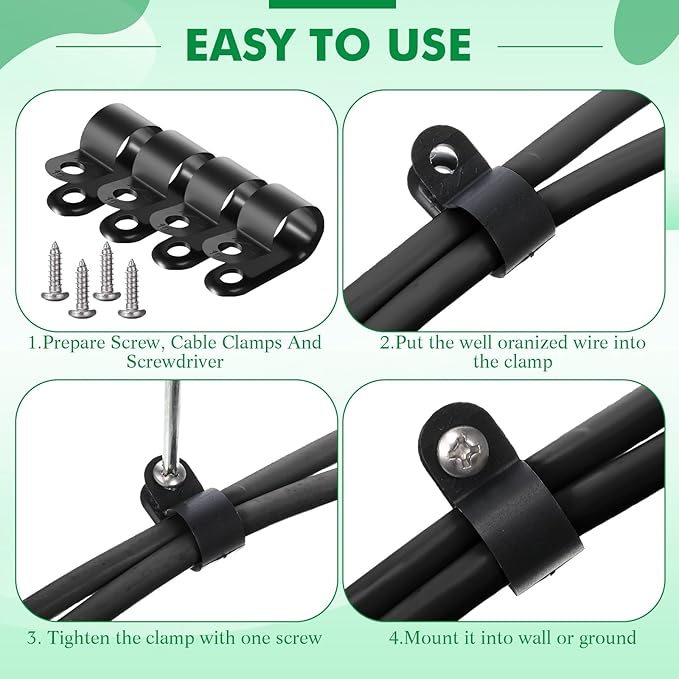 Hicarer 50 Pack R-Type Cable Clip Wire Clamp, Nylon Screw Mounting Cord Fastener Clips with 50 Pack Screws for Wire Management (Black, 1/2 Inch)