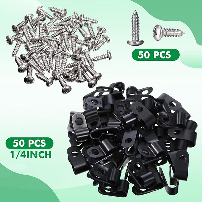 Hicarer 50 Pack R-Type Cable Clip Wire Clamp, Nylon Screw Mounting Cord Fastener Clips with 50 Pack Screws for Wire Management (Black, 1/4inch)