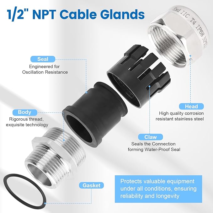 2 Pcs 1/2" NPT Stainless Steel Waterproof Cable Gland, IP68 Waterproof Adjustable Cable Glands, Strain Relief Cord Grip Connectors with Gaskets and Locknut for 6-12mm Cable Diameter