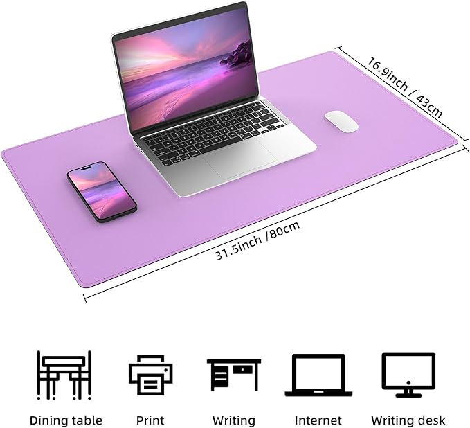 Leather Desk pad Protector, Large Desk mat with Natural Cork & PU Leather,Mouse pad,Non-Slip Office Desk Mat,Waterproof Desk Writing Pad for Office and Home (31.5in*17in,Purple)