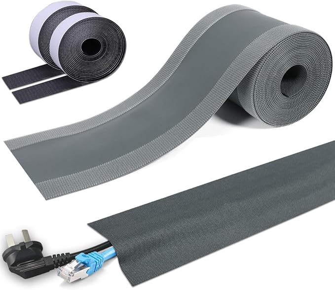 Floor Cable Covers - 10ft Oxford Fabric Cord Protector with Adhesive Hook & Loop,Waterproof Wire Storage Sleeve for Any Floor Surface,Durable Cable Management to Prevent Tripping Hazards (Gray, 10ft)