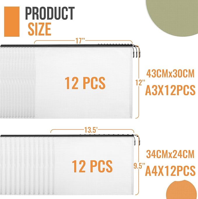 24pcs A4 Mesh Zipper Pouch File Bags, 12pcs Large A3 and 12pcs Letter A4,Black Reusable Zipper Bags for Organizing Storage, Waterproof Puzzle Bag, Board Game Storage and School Office Supplies