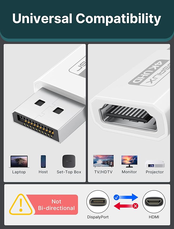 4K DisplayPort to HDMI Adapter 2-Pack, JSAUX DP PC to HDMI Monitor Converter Video UHD 2K@120Hz,4K@30 DP to HDTV Male to Female Uni-Directional adapter Compatible with Dell, Lenovo, HP,GPU, AMD -White
