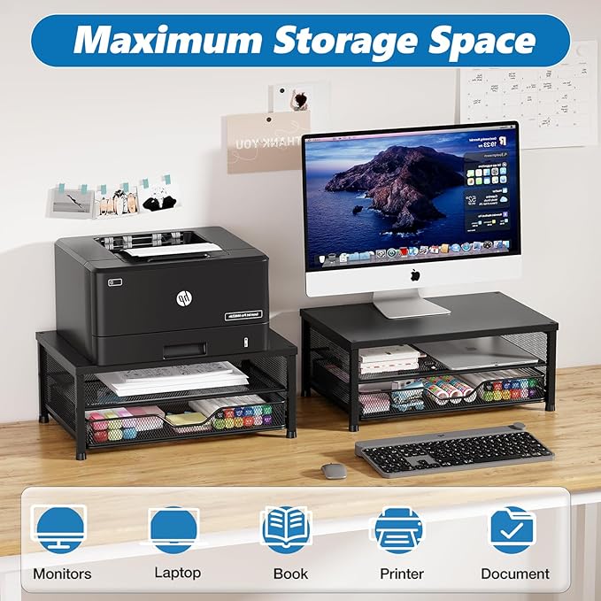 Desk Organizers and Accessories, 2-Tier Computer Monitor Stand Riser with Drawer, Laptop Stand, Office Desk Accessories, Workspace Desktop Organizer for Office Supplies, Black
