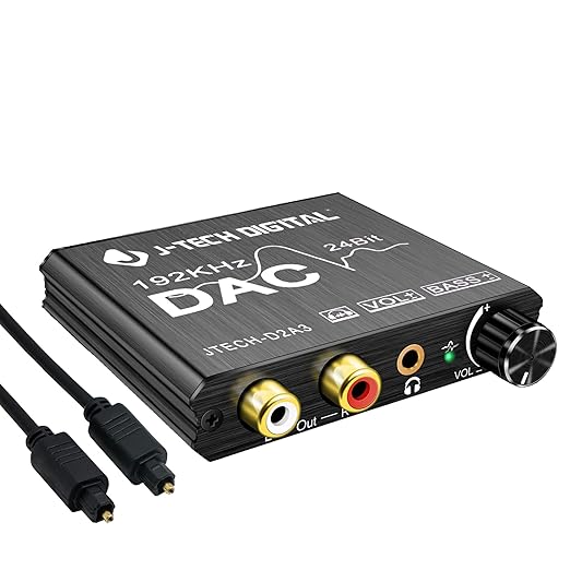 Digital to Analog Audio Converter with Headphone Amplifier & Bass Control by J-Tech Digital | 192kHz 24bit Optical Coaxial RCA 3.5mm