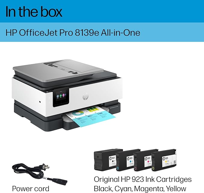 HP OfficeJet Pro 8139e Wireless All-in-One Color Inkjet Printer, Print, scan, Copy, fax, ADF, Duplex Printing Best-for-Home Office, 1 Year Instant Ink Trial Included