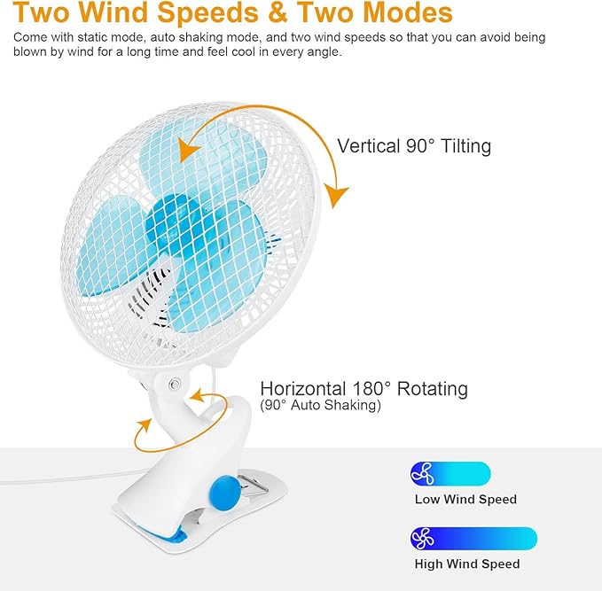 8-Inch Clip on Fan, 2 Speed Convertible Desk Fan with Strong Clamp, Tilting and Shaking with Strong Airflow, Quite, Powerful Clip Fa n on Bed and Desk for Home Office Dorm with 3.94FT Cable Cord
