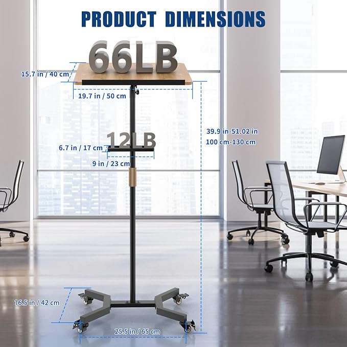 Lectern Podium Stand with Storage Platform, Height Adjustable Mobile Steady Standing Design, Multi-Purpose Tabletop for Speech, Lecture, Church, Reading or Laptop Desk
