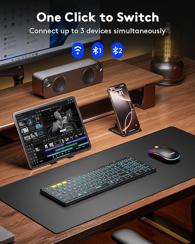 Samsers Foldable Keyboard and Mouse, Folding Bluetooth Keyboard Mouse Combo with Backlight, 2.4G + BT5.0 x 2, Full-Size Travel Keyboard & Portable Wireless Mouse for Windows/Android/iOS/Mac OS, Black