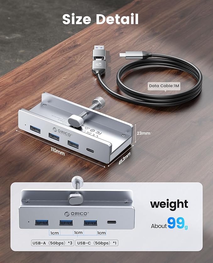 ORICO USB Hub 3.0, Clamp USB Hub with Extra Power Port, 3 USB-A Data Ports, USB-C Port for Monitors, Desks(Silver)