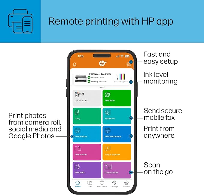HP OfficeJet Pro 8139e Wireless All-in-One Color Inkjet Printer, Print, scan, Copy, fax, ADF, Duplex Printing Best-for-Home Office, 1 Year Instant Ink Trial Included