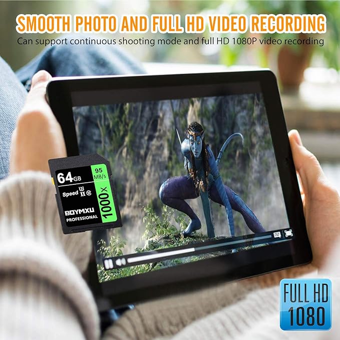 Professional 1000x UHS-I U3 64GB Memory Card - Up to 95MB/s, Compatible with Computers, Cameras & Camcorders - Green/Black