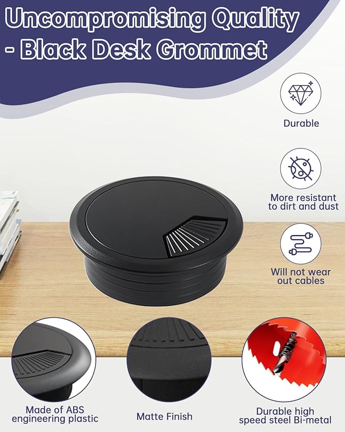 Desk Grommet & Cable Grommet 2 Inch (10 Pack) - Black Desk Hole Cover with Hole Saw - Cable Management Kit for Office, TV Stand, Workstation - Hide Wires Behind Wall, Cable Pass Through (50mm)