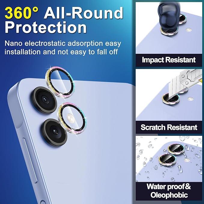 for Samsung Galaxy A06 Camera Lens Protector, Individual Metal Ring Tempered Glass Lens Cover, [Strong Adsorption] Scratch Resistant Ultra-Thin HD Clear Lens Cover, 1 Set-Colorful Sparkly