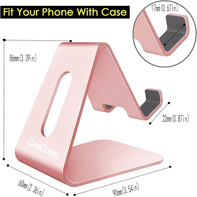 CreaDream Cell Phone Stand, Cradle, Holder, Aluminum Desktop Stand Compatible with Switch, All Smart Phone, iPhone 15 14 13 12 Pro Max Plus Mini Xr X Se 8 SE -Rose Gold