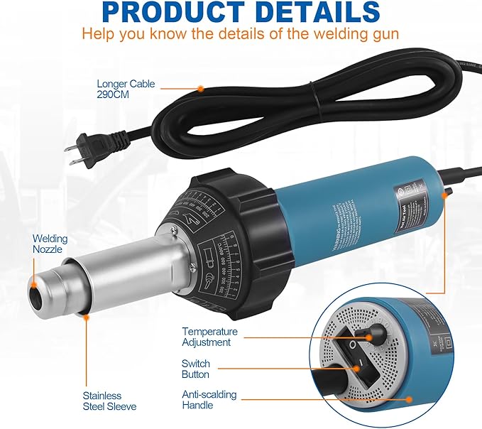 Iglobalbuy 1600W Hot Air Plastic Welder Roofing Welding Complete Kit, 110V Handheld Hot Air Vinyl PVC TPO Welding Heating Gun Torch w/Nozzles Set Adjustable Temperature Welder Tool Kit Carrying Case
