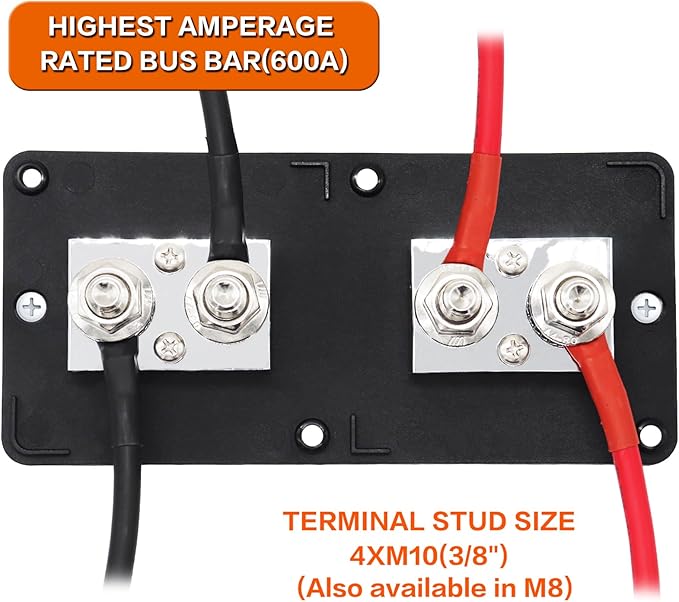 600A 48V Bus Bar Box 4 Stud (3/8 inch) M10 High Current Tin Plated Copper Distribution Block Positive Negative Independent Modules Electrical Battery Ground Buss Bar with Cover for RV Marine