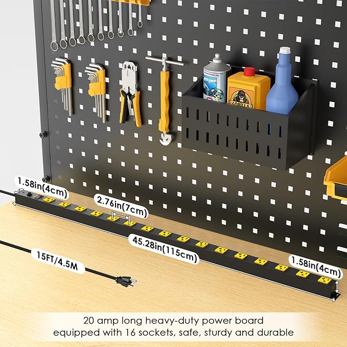 JUNNUJ Long Metal 16 Outlet Power Strip, Heavy Duty Power Strips Surge Protection 4800J with Circuit Breaker, 20a Wide Spaced Socket Wall Mount 5-15P Adapter High Amp 6-20R T-Slot 15FT Extension Cord