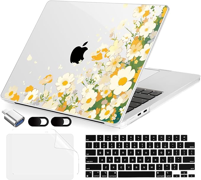 Compatible with MacBook Air 13.6 inch Case, M4 A3240/M3 A3113/M2 A2681 (Released 2025 to 2022), Hard Shell, Keyboard Cover, Screen Protector, Webcam Cover & Type-C Adapter, Scatter Daisies