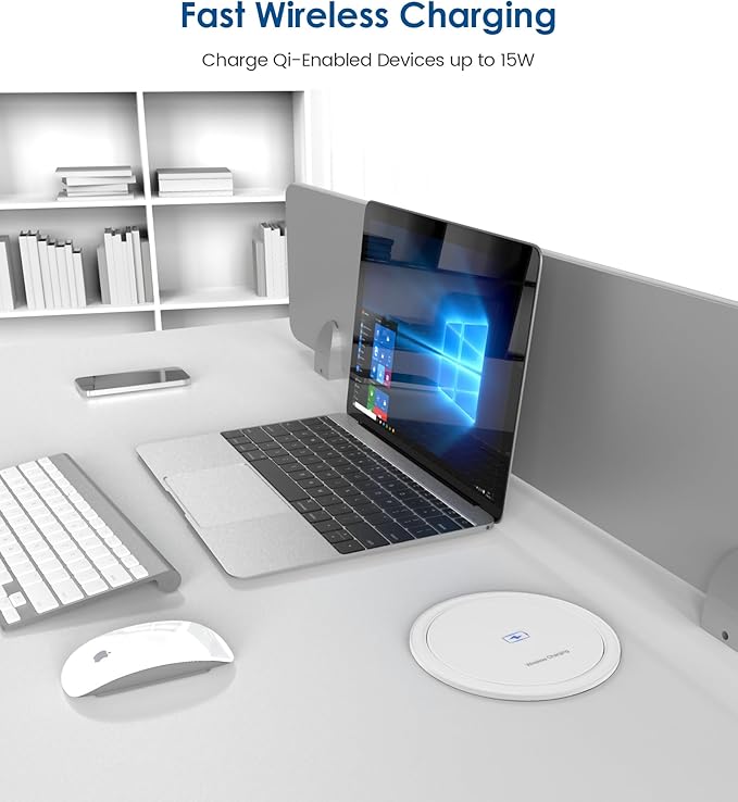 Pop up Outlet for Countertop with 15W Wireless Charger,65W USB C Charging Station,4 Outlets,2 USB C,USB A,Tamper Resistant Receptacle,4.7-inch Hole Power Grommet,Desk Recessed Outlet,White