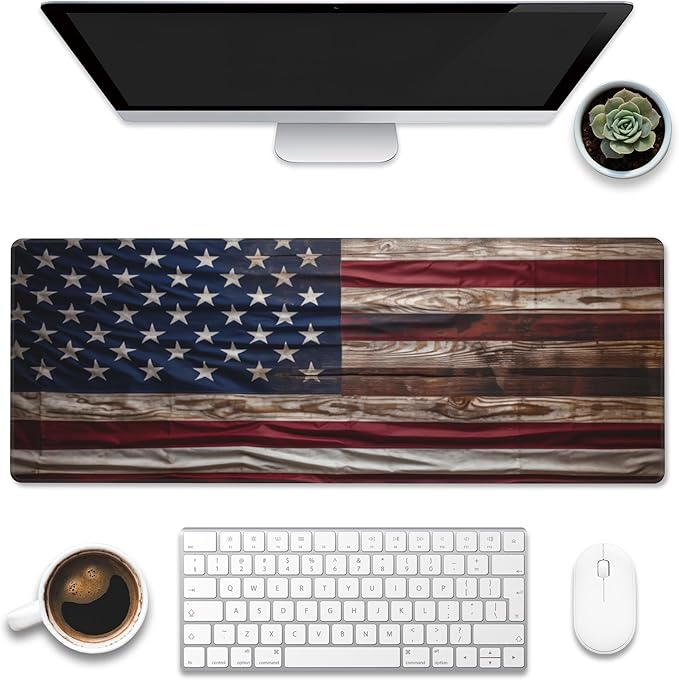 Large Gaming Mouse Pad for Desk,Wooden American Flag Desk Mat,Wooden USA Flag Desk Pad,Extended Big Computer Keyboard Mouse Pad with Non-Slip Base and Stitched Edge,31.5"x11.8"