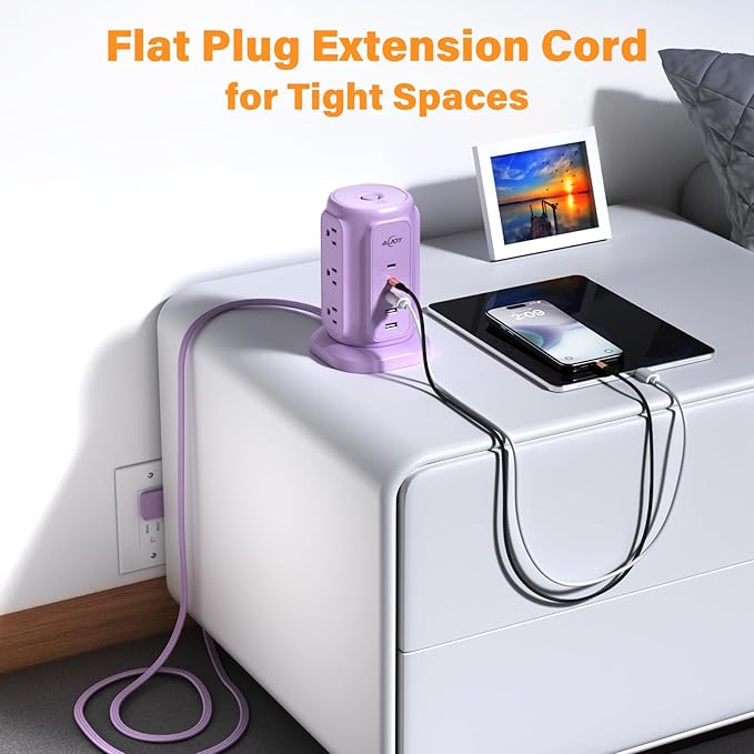 AiJoy Flat Plug Power Strip Tower with 9 Outlets and 5 USB Ports (2 USB C), 1200J Surge Protection with 1625W Extension Cord with Multiple Outlets for Dorm Home Office Supplies, Purple