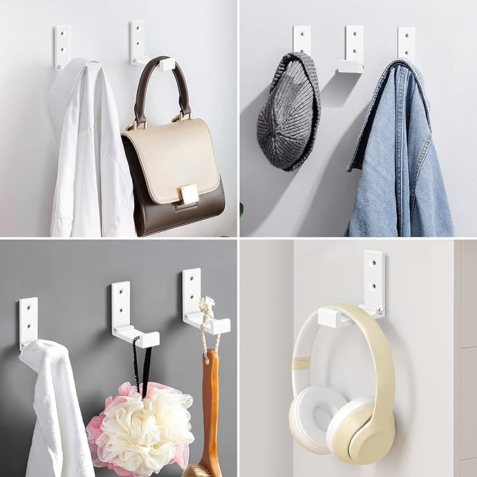 Folding Coat Hooks, 5pcs White Wall Hooks Heavy Duty for Hanging Coat Towel Backpack, Foldable Adhesive Hooks, Headphone Jacket Holder, Aluminum Alloy Hook with Screws for Purse Hat Bag Keys