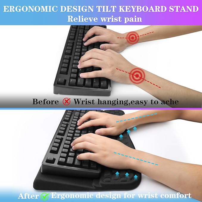 Computer Keyboard Stand Pad with Wrist Rest, Ergonomic Comfy Tilted Keyboard Holder, Keyboard Tray Support for Office Home (02-Black)