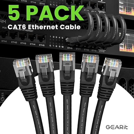 GEARit Cat 6 Ethernet Cable Pack - 5-Pack 20 ft Cat6 Ethernet Patch Cables | RJ45 Network Patch Cable, 10 Gbps Snagless Gold-Plated Connectors - Ethernet Cable Cat 6 for PC, TV, Router - Black