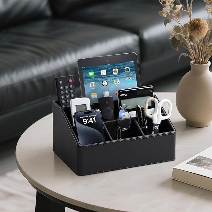 PU Leather Desk Organizer, Luxury Remote Control Holder for Home, Office Desk Accessories Table Caddy Bedside Nightstand Organizer (Black)