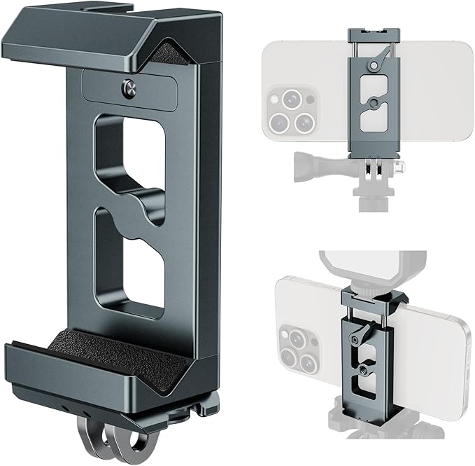 Metal Phone Tripod Mount Arca Port & Action Camera Adapter, Adjustable Smartphone Tripod Adapter Clamp Cell Phone Stand Holder Compatible with iPhone Plus PRO Max GoPro Samsung Galaxy Motorola Pixel