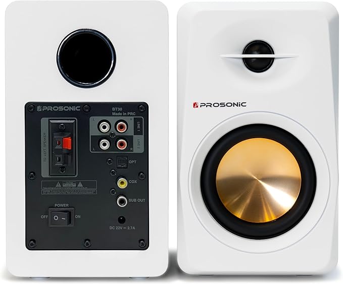 Active Bluetooth Bookshelf Speaker Studio Monitor Home Theater, Optical Input, Coaxial Input, 2 x RCA Aux Input, 30 Watts x 2 (White)