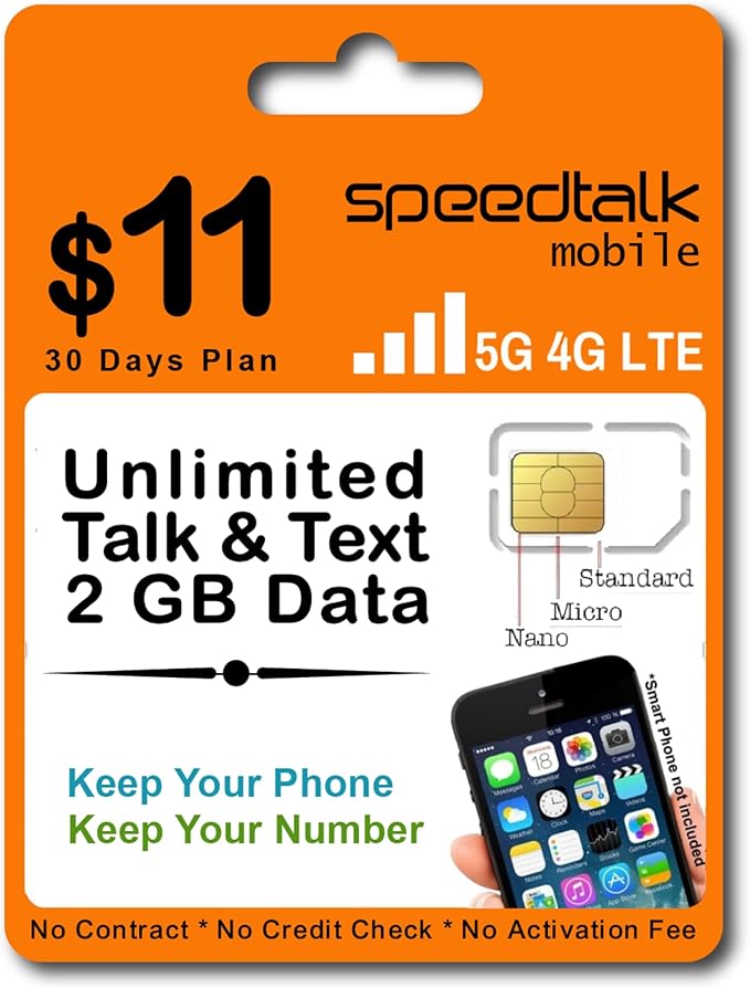 SpeedTalk Mobile Prepaid Cell Phone SIM Card for Smart Phones & Cellphones | $11 Monthly Plan - Unlimited Talk & Text + 2GB 5G 4G LTE Data | 3-in-1 SIM Card Standard Micro Nano