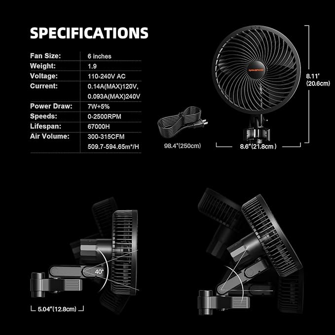 Spider Farmer 2-Pack Grow Tent Clip Fan 6", EC Motor, Custom 10 Dynamic Wind Speeds and 10-Level Oscillation, Weatherproof IP-54, Powerful Airflow but Quiet for Hydroponics Circulation Cooling