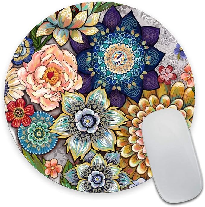 Round Mouse Pad, Boho Floral Mouse Pad, Washable Round Mousepad with Lycra Cloth, Non-Slip Rubber Base Computer Mouse Pads for Wireless Mouse