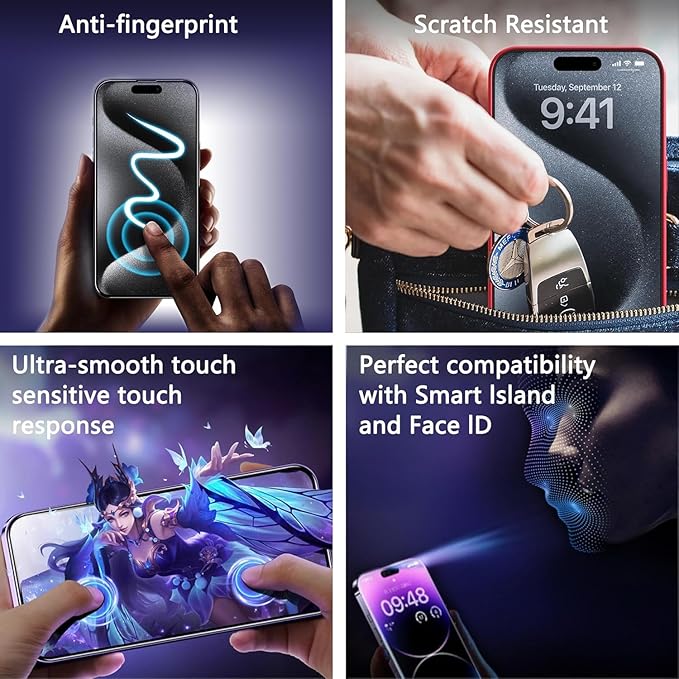 Privacy Screen Protector for iPhone 17, iPhone 16 Pro 6.3-Inch, Auto Dust Removal, 9H Tempered Glass, Full Cover, Anti-Fingerprint, Easy Installation,2 Pack
